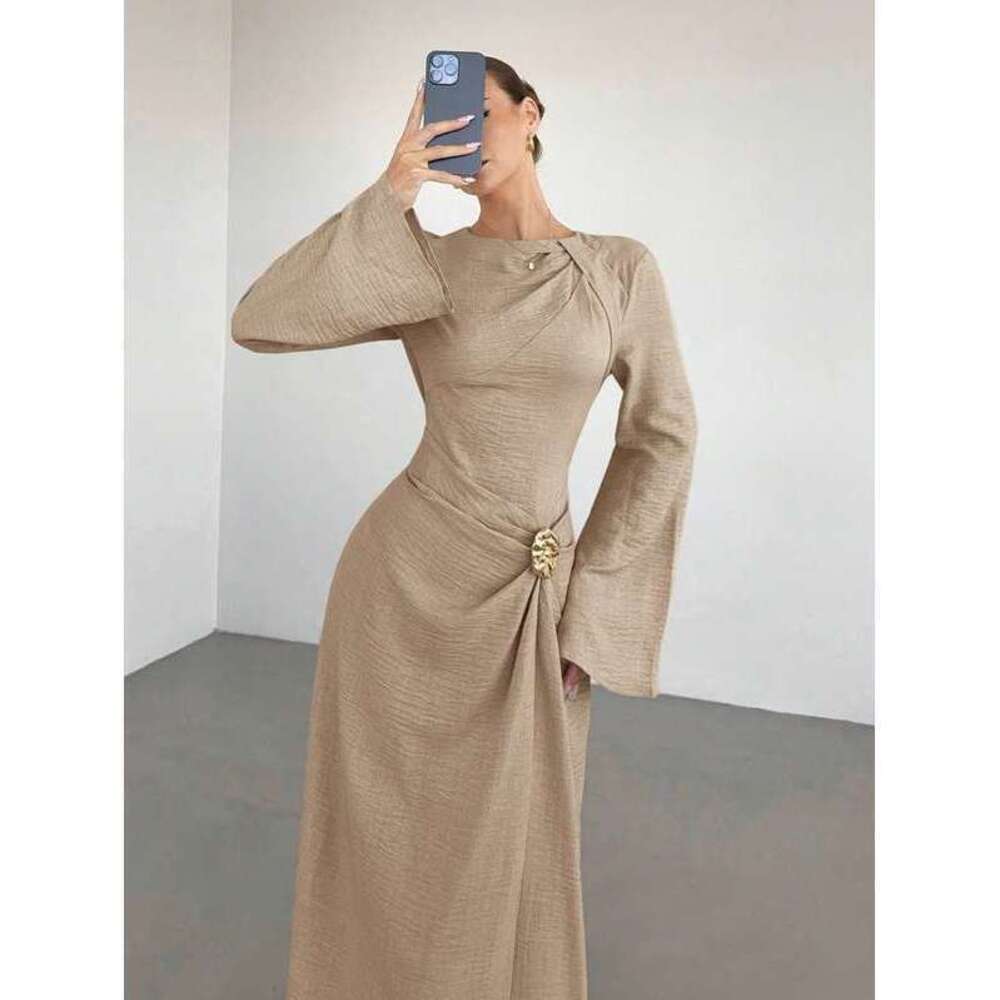 Siren Gaze Twist Front Metal Buckle Flare Long Sleeve Dress,Khak - Picture 5 of 6